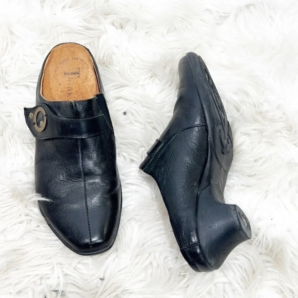 THINK! Black Leather Comfort Mule Heels 37 7 1/2